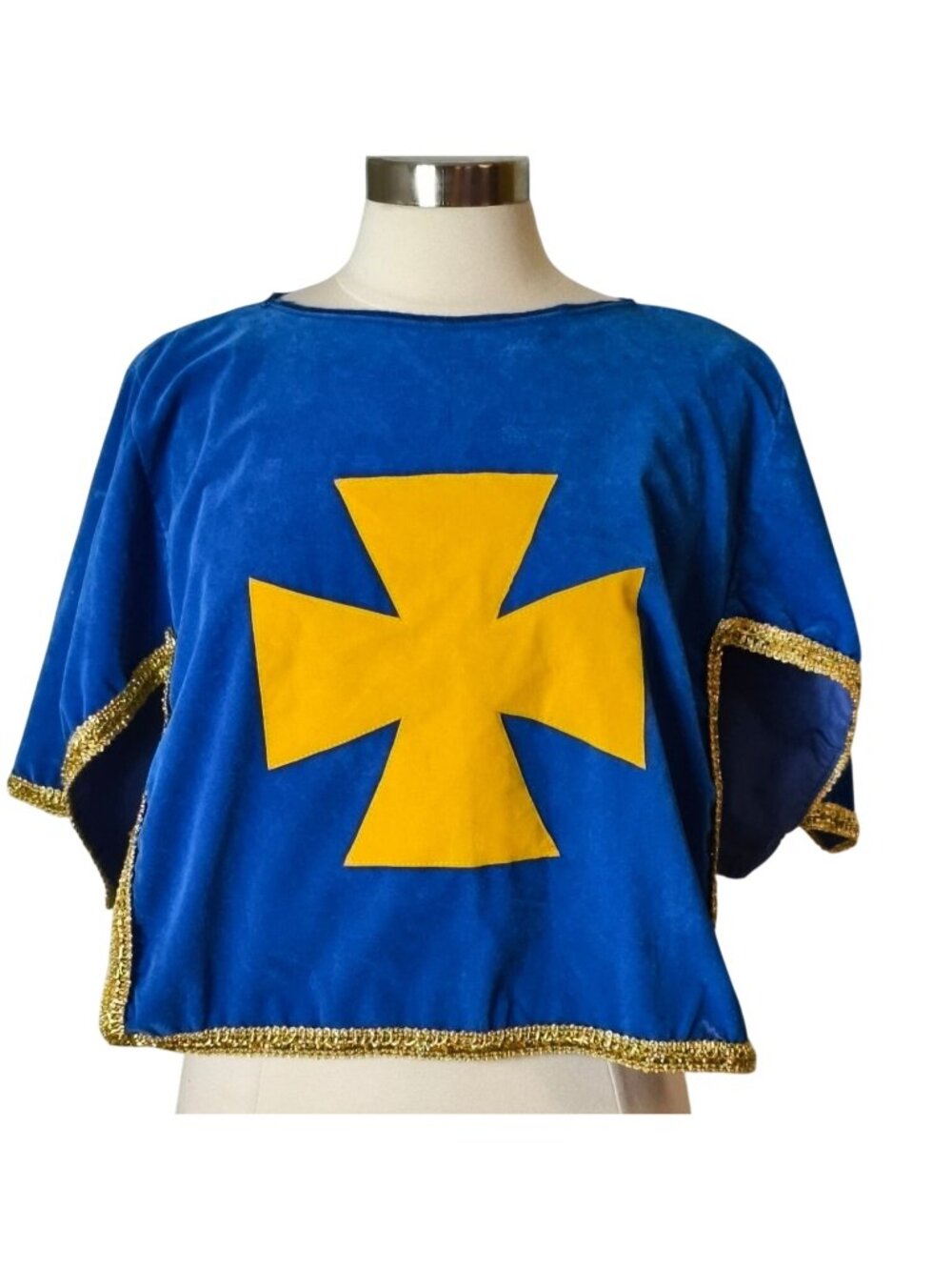 Medieval Musketeer Tunic Costume Top XS Blue Velvet Cross Crusader Templer